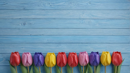 Colorful tulips on blue wood panelsの素材
