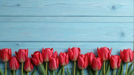 Red tulips on a blue wooden backgroundの素材
