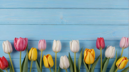 Colorful tulips on blue backgroundの素材