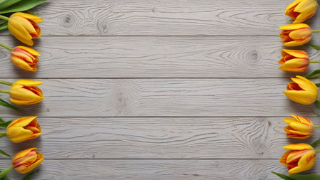 Yellow tulips on a wooden backgroundの素材