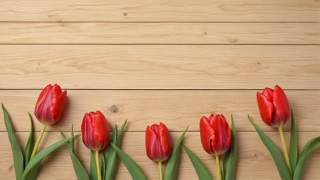Red tulips on wooden backgroundの素材
