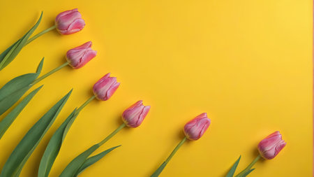 Pink tulips on yellow backgroundの素材
