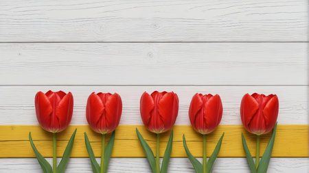 Red tulips on white wood panelsの素材
