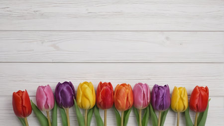 Colorful tulip arrangement on white wooden boardの素材