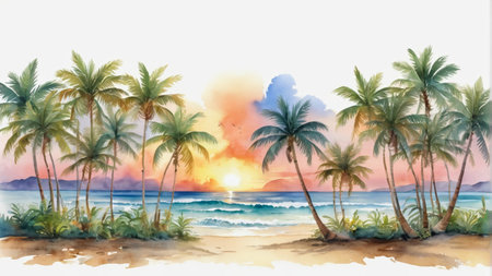 Palm trees at sunset on the beachの素材