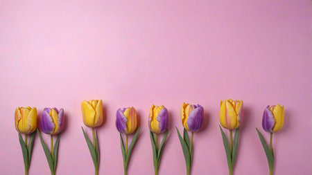 Yellow purple tulips on a pink backgroundの素材