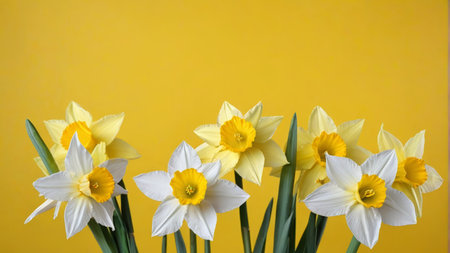 Daffodils blooming on a yellow backgroundの素材