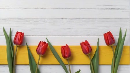 Red tulip on white wood backgroundの素材