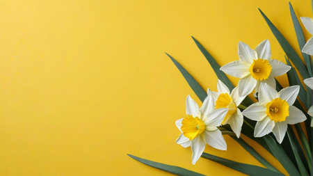 White daffodils on a yellow backgroundの素材