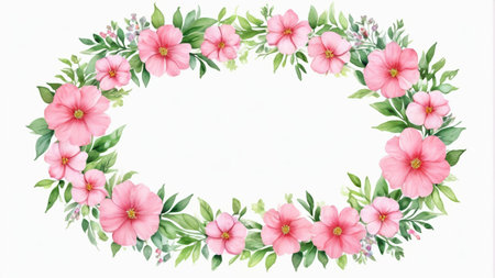 Pink flower green leaf wreath decorative patternの素材