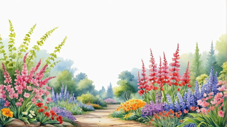 Forest path surrounded by colorful flowersの素材