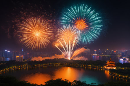 Brilliant fireworks bloom in the city night skyの素材