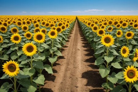 Dirt trails in sunflower fieldsの素材