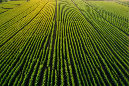 Aerial photography of neatly arranged green farmlandの素材