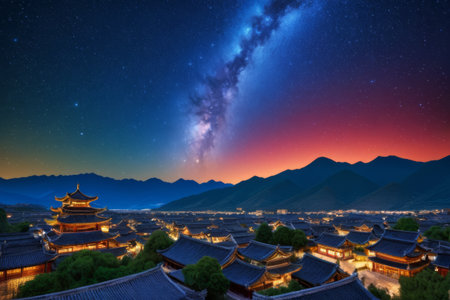 Overlooking the starry night view of the ancient townの素材
