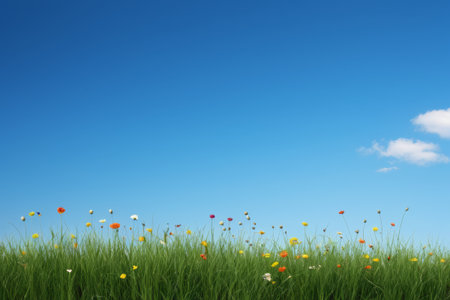 Colorful wildflowers blooming among the blue sky meadowsの素材