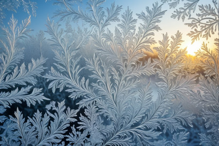 Ice flowers and sunrise on a winter windowの素材