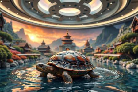 Tortoises strolling through a Chinese landscapeの素材