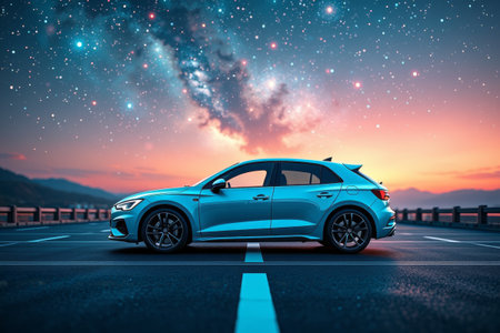 Blue sedan on the road under the starsの素材