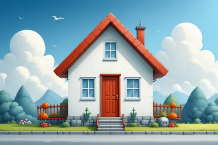 Cartoon style single family cabin nature sceneryの素材