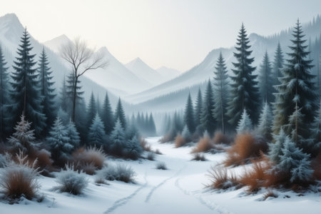 Snowy mountain and pine forest in winterの素材