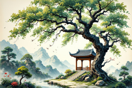 Ancient pavilions and large trees in Chinese landscape sceneryの素材