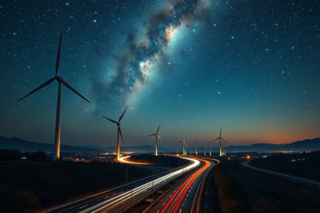 Windmills and starry night view on the roadsideの素材