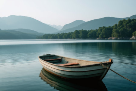 Boats moored on the lake and distant mountain sceneryの素材