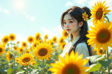 The elegant figure of a woman in a sea of sunflowersの素材