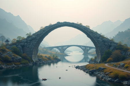 Stone arch bridge scenery between mountains and riversの素材