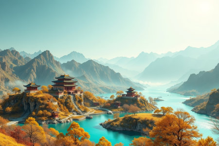 Chinese ancient architectural scenery among the mountains and riversの素材