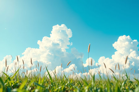 Grassland scenery under blue sky and white cloudsの素材