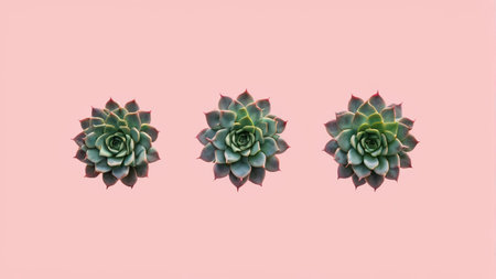 Three succulents against a pink backgroundの素材