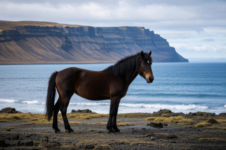Horses standing on the coast of Icelandの素材
