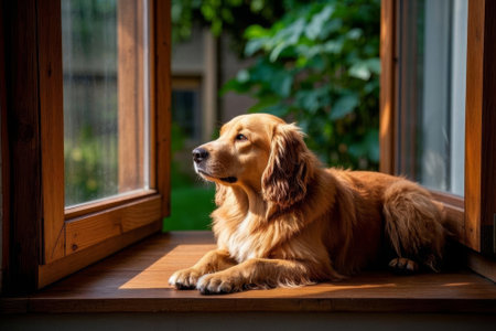 Golden Retriever lying by the windowの素材