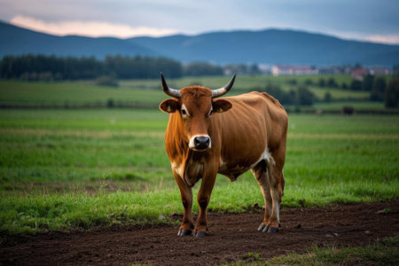 Brown bull standing on the prairieの素材