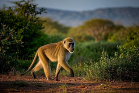 Monkeys walking on the African grasslandsの素材