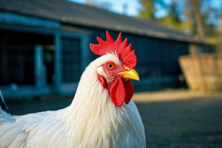 Close up of the farm's white roosterの素材