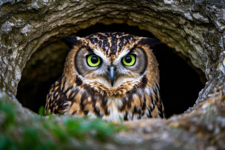 Close up of an owl in a tree holeの素材