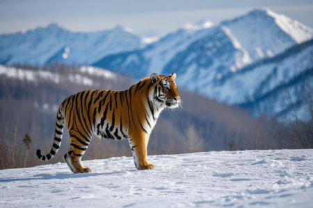 Tigers in the snow and snow capped mountains in the backgroundの素材