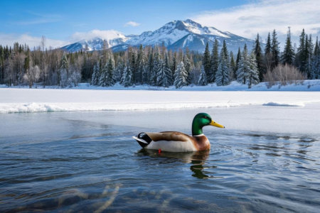 Wild ducks swimming by the snowy lakesideの素材