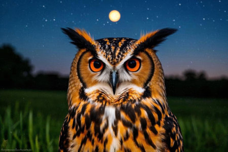 Close up of an owl on a moonlit nightの素材