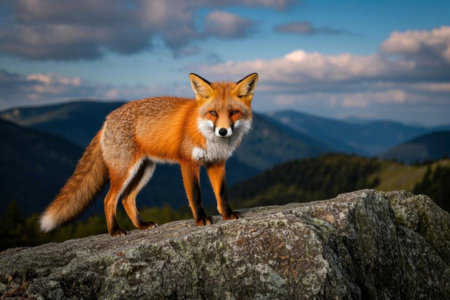 Wild fox standing on a rockの素材