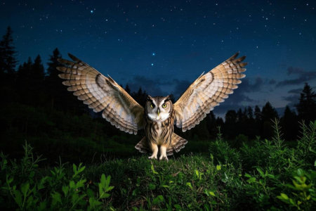 Owl with wings spread at nightの素材