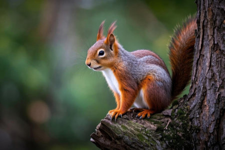 Close up of a squirrel on a tree trunkの素材