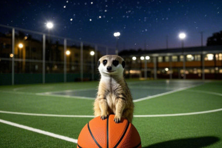 Scene of meerkats sitting on basketball at nightの素材