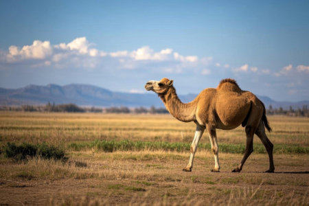 Camels walking on the grasslandの素材
