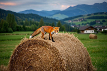 Fox on a field haystackの素材