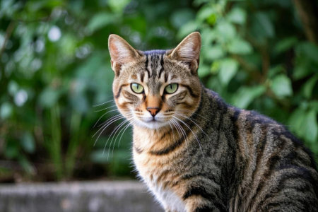 Close up of outdoor green eyed striped catの素材