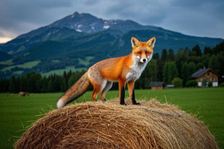 Fox standing on the grass and distant mountain sceneryの素材